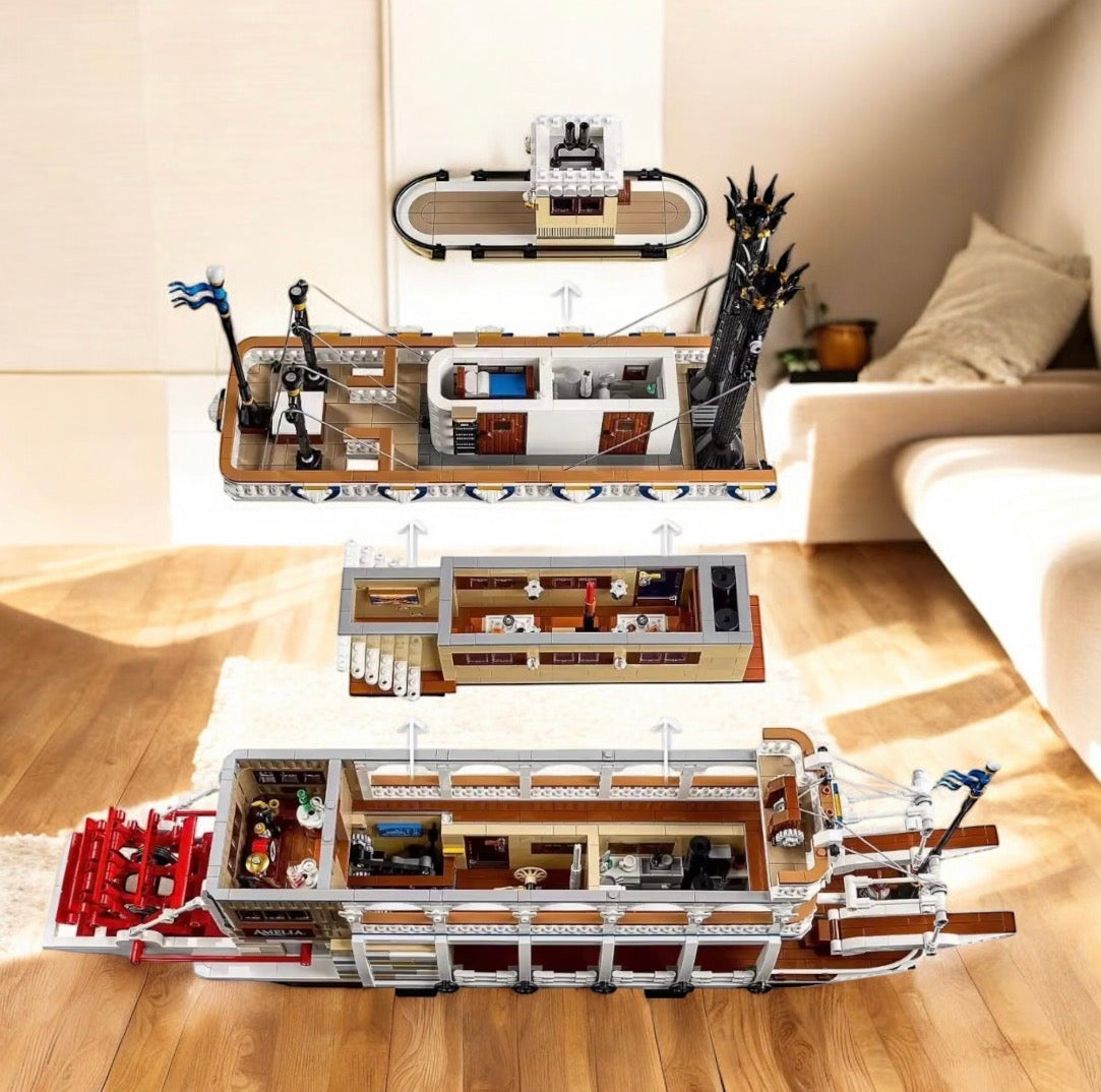 KOLEKCJONERSKI MODEL KLOCKÓW KONSTRUKCYJNYCH: MAJESTATYCZNY PAROWIEC RZECZNY.Powyzej 3950 elementów