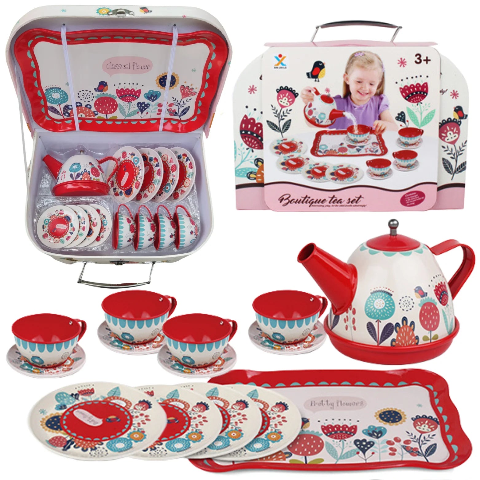 ☕ DUZY METALOWY ZESTAW DO HERBATY W WALIZCE – KWIATOWY SERWIS ☕