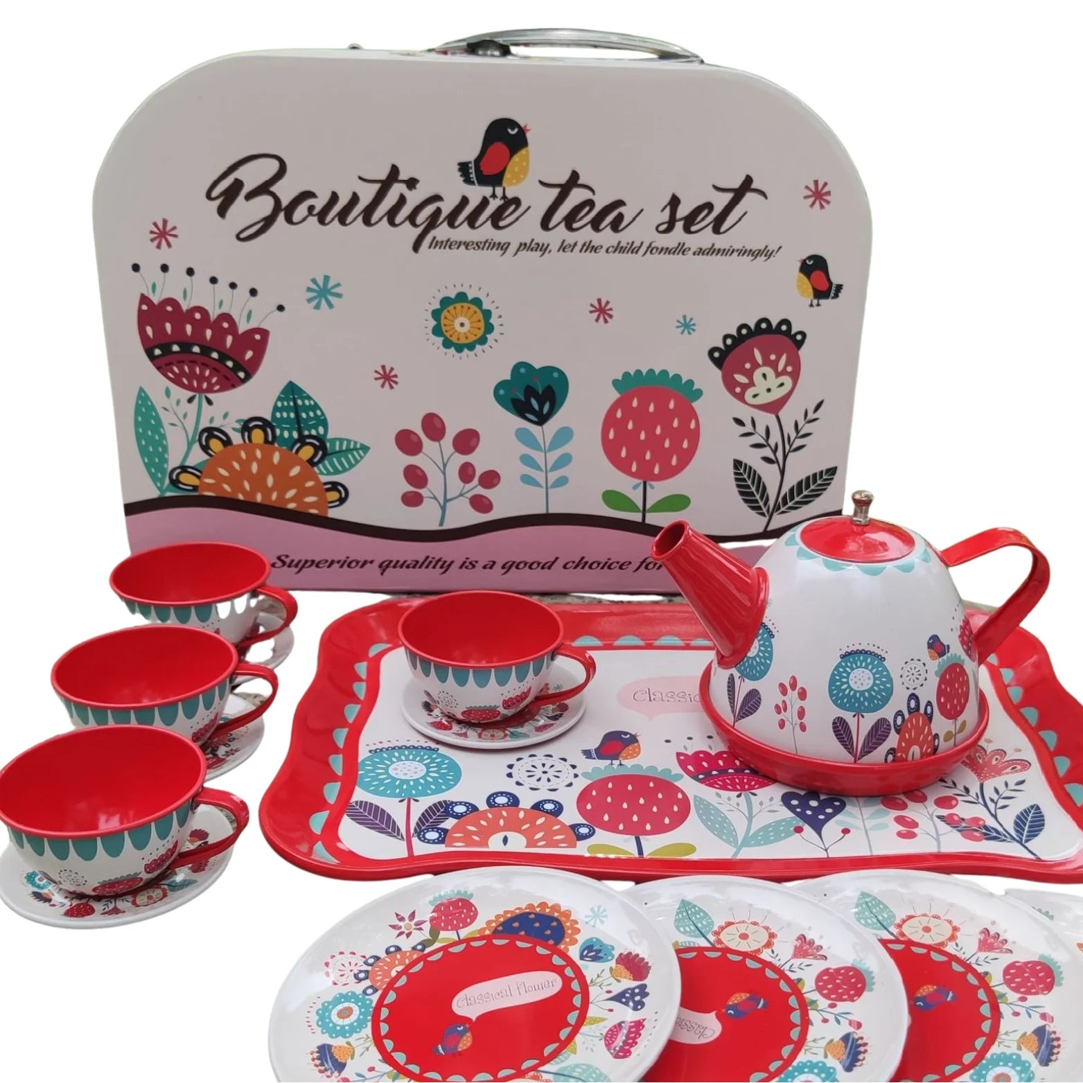 ☕ DUZY METALOWY ZESTAW DO HERBATY W WALIZCE – KWIATOWY SERWIS ☕