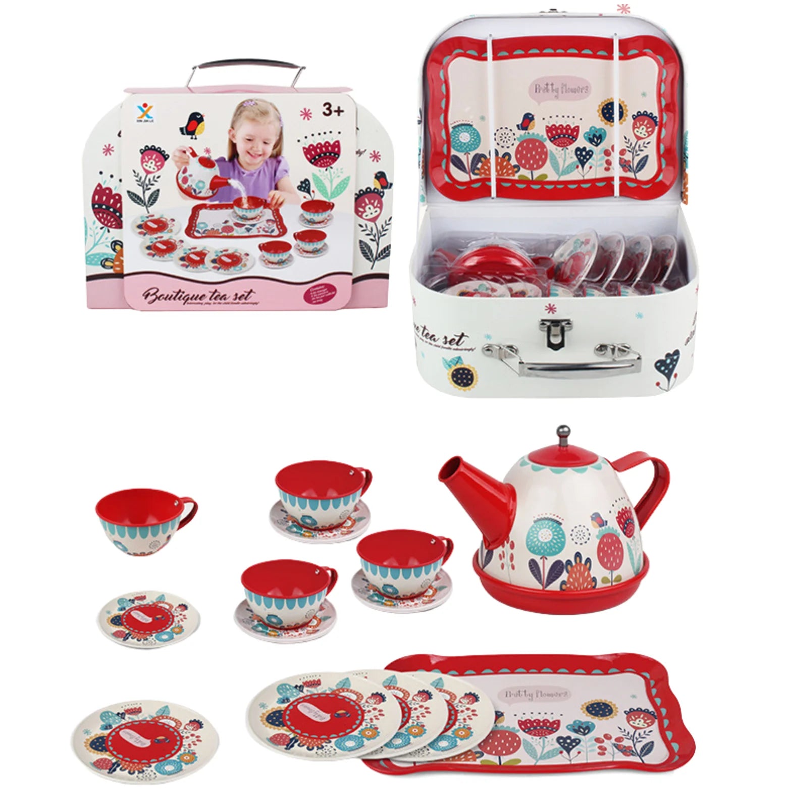 ☕ DUZY METALOWY ZESTAW DO HERBATY W WALIZCE – KWIATOWY SERWIS ☕